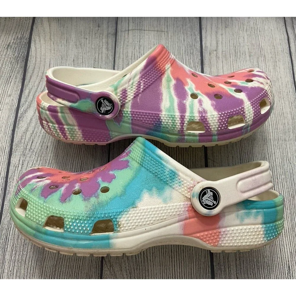 Pastel Rainbow Tie Dye Croc Crocs Girl Sandals Shoes, Size Youth 4